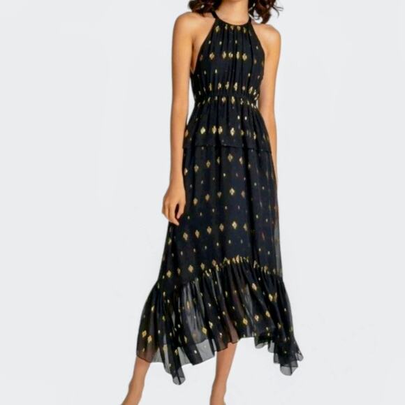 A.L.C. Rosa Dress Midi Black Gold Metallic Uneven Hem Sleeveless Keyhole Back 14 - Picture 1 of 13
